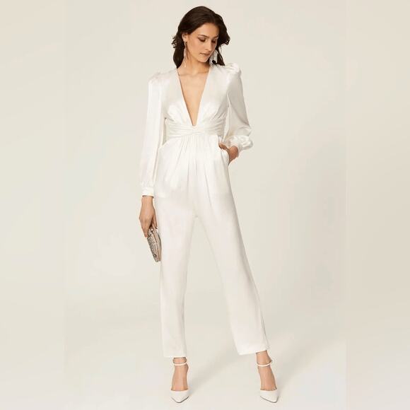 Leena for Mac Duggal White Plunge Satin Puff Sleeve Jumpsuit SZ 2 - Picture 1 of 12